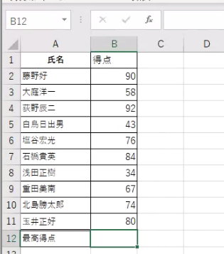 セルB12に最高得点を表示したい
