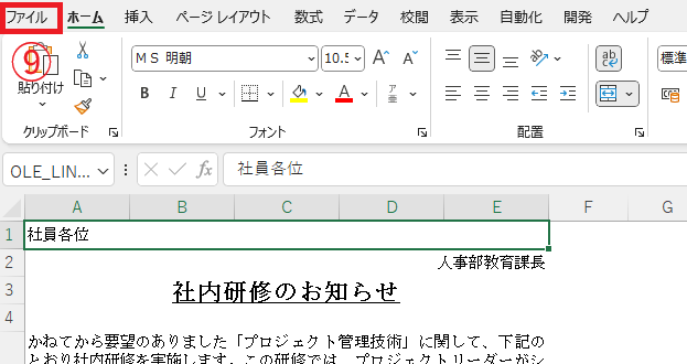 「ファイル」タブをクリックする