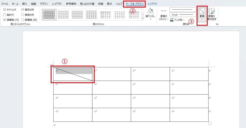 斜線を消したいセルを選択し、「テーブルデザイン」タブから「罫線」をクリックする