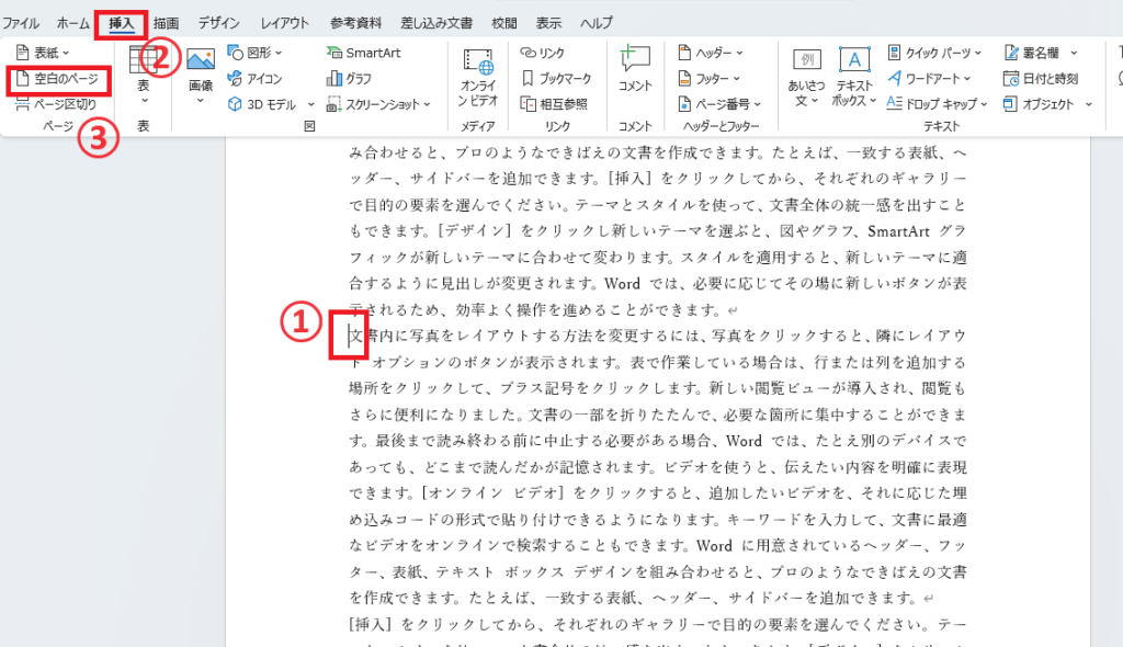 新しくページを作成したい場所にカーソルを移動し、「挿入」タブの「空白のページ」をクリックする