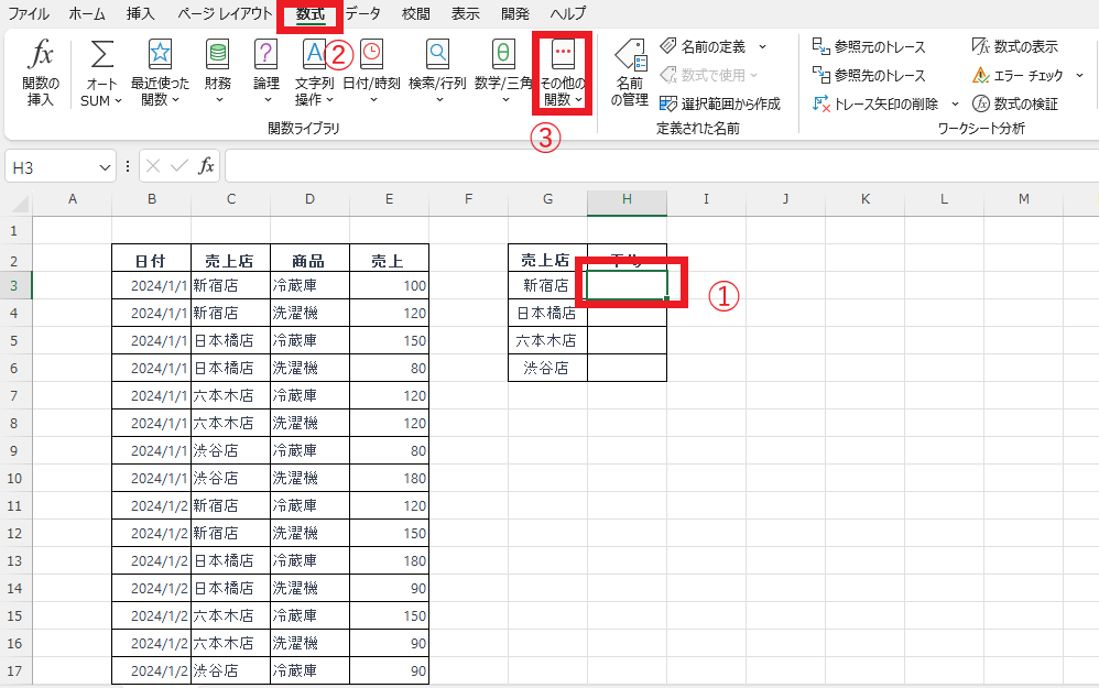 平均を求めるセルを選択し、「数式」タブの「その他の関数」をクリックする