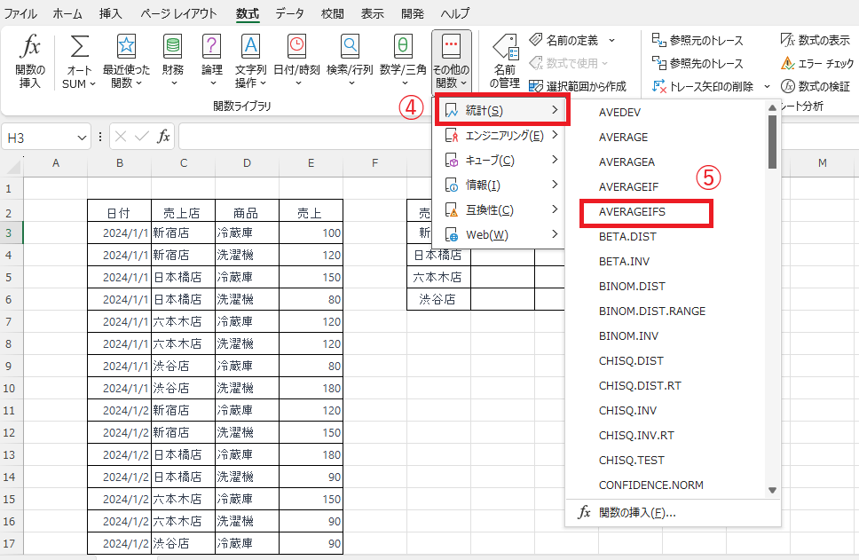 「統計」から「AVERAGEIFS」をクリックする