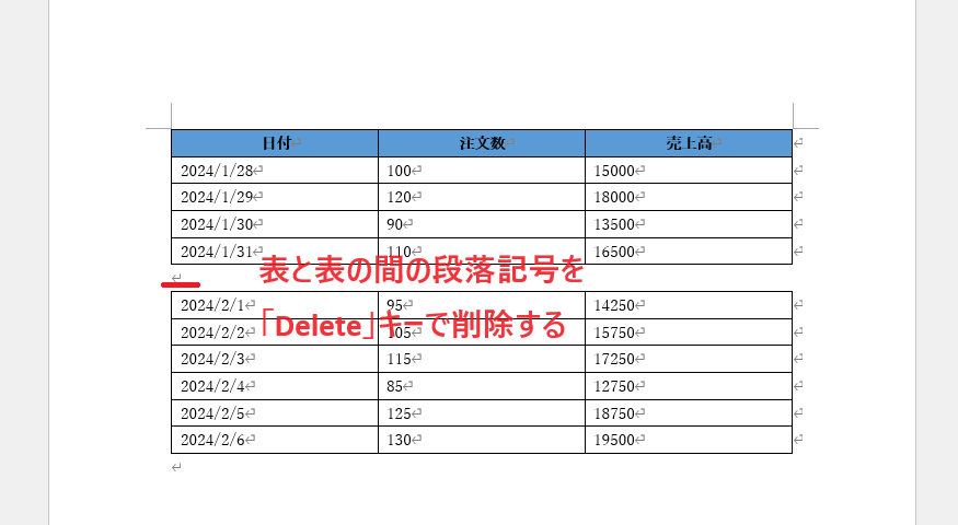 表の間の段落記号を「Delete」キーで削除する