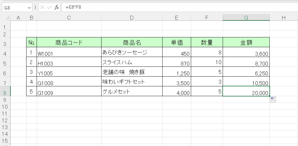 これで「単価」×「数量」を計算することができた