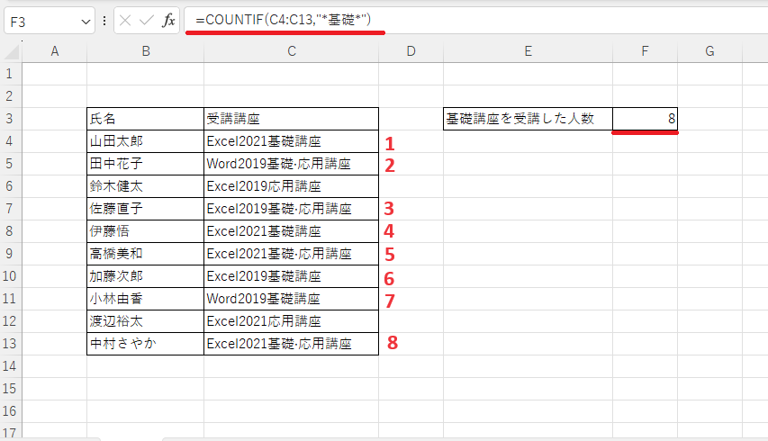 「=COUNTIF(C4:C13,"*基礎*")」と入力する