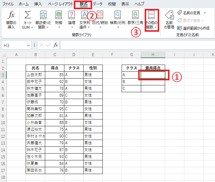 最高得点を求めるセルを選択し、「数式」タブの「その他の関数」をクリックする