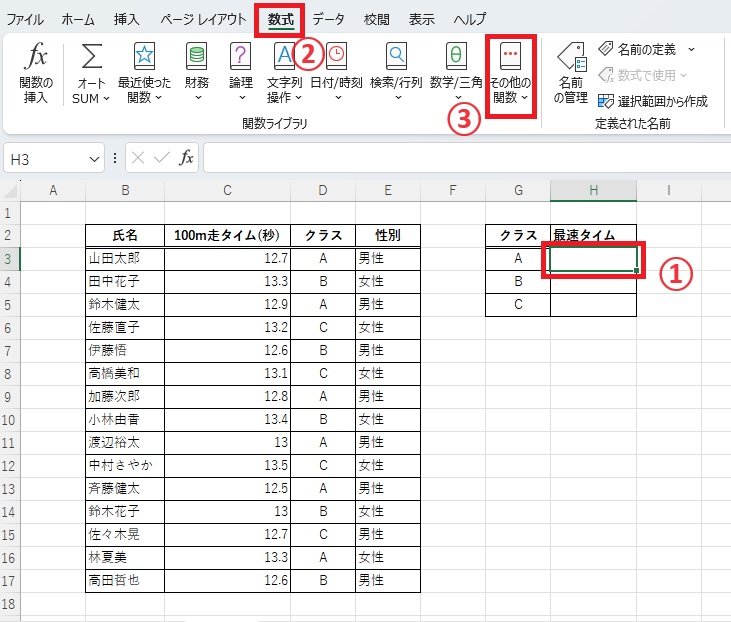 最速タイムを求めるセルを選択し、「数式」タブの「その他の関数」をクリックする