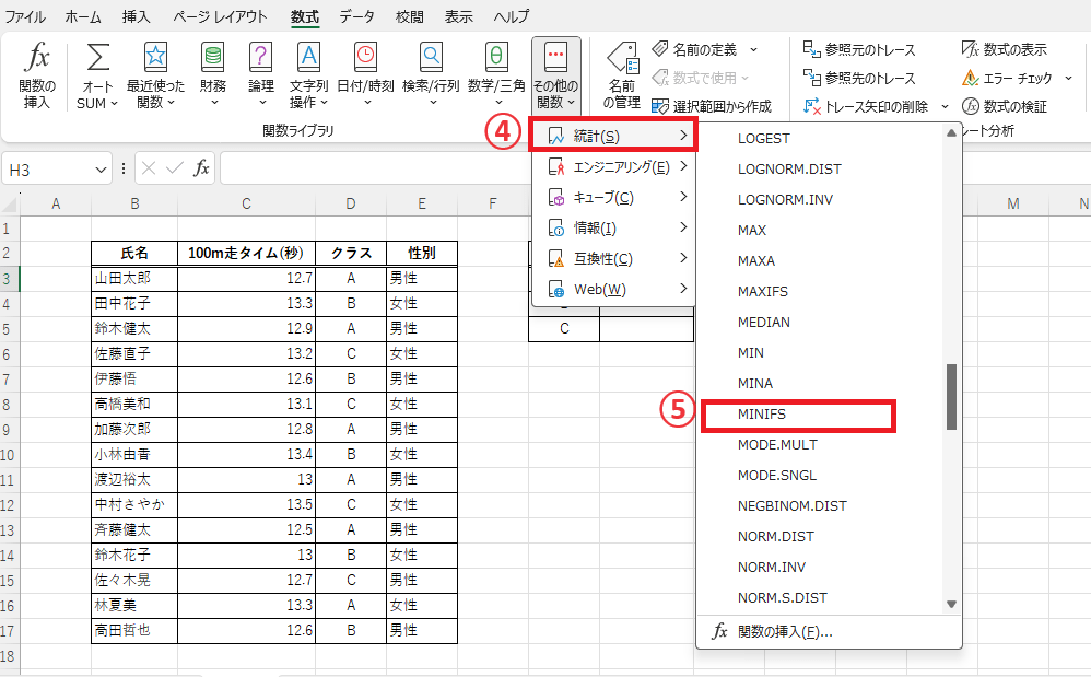「統計」から「MINIFS」をクリックする