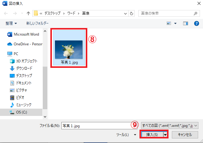 挿入する画像を選択し、「挿入」をクリックする