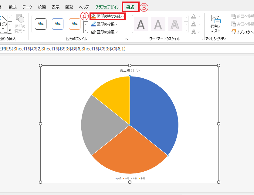 「書式」タブから「図形の塗りつぶし」をクリックする