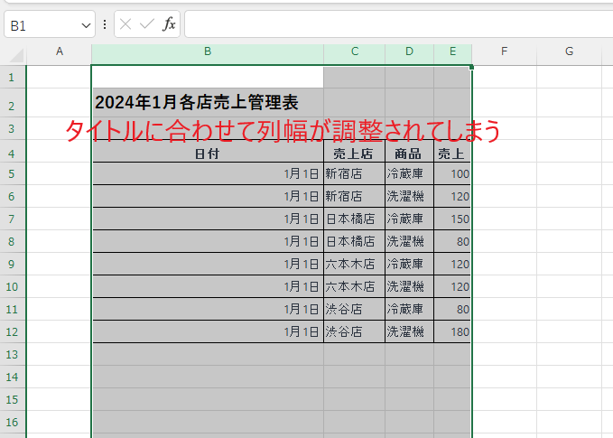 タイトルがある列だけ広がってしまう