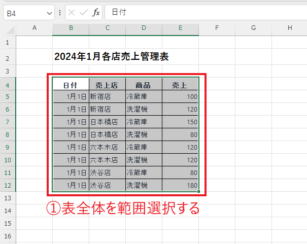 タイトル行を除いて表全体を選択する