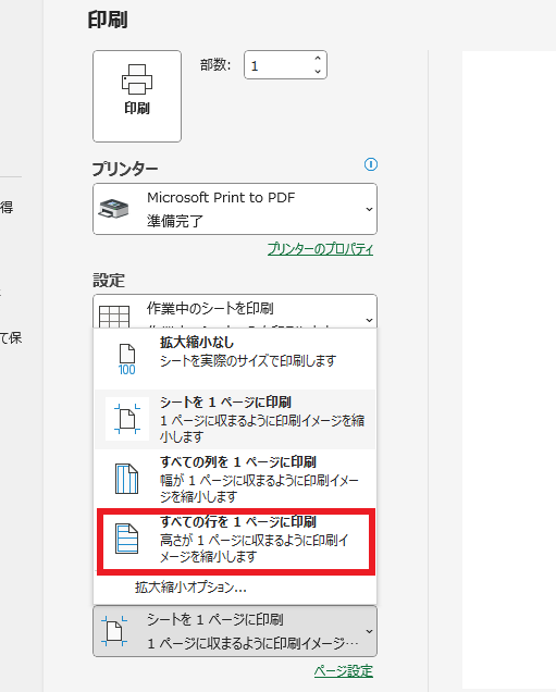 「すべての行を1ページに印刷」をクリックすると、行(縦)が1ページに収まるようになる