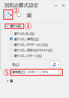「塗りつぶしと線」、「塗りつぶし」の「透明度」で設定を行うことができる