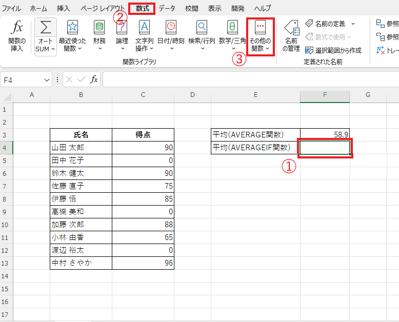 平均を出すセルを選択し、「数式」タブの「その他の関数」をクリックする