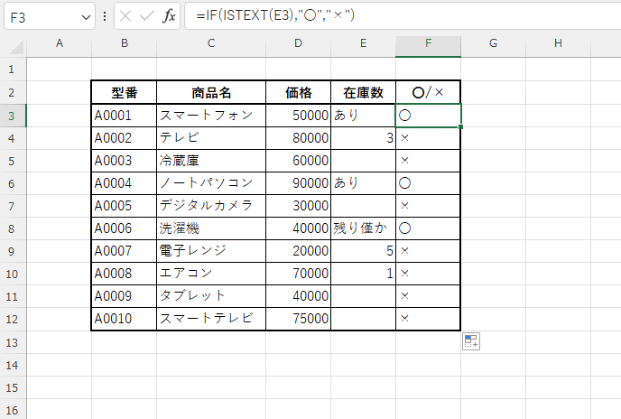 文字(数値含まない)が入っていれば「〇」、空白や数値の場合は「×」が表示される