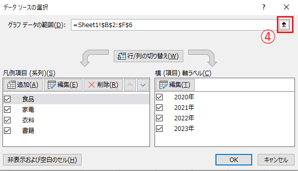 「グラフデータの範囲」ボックスの右端の「↑」をクリックする