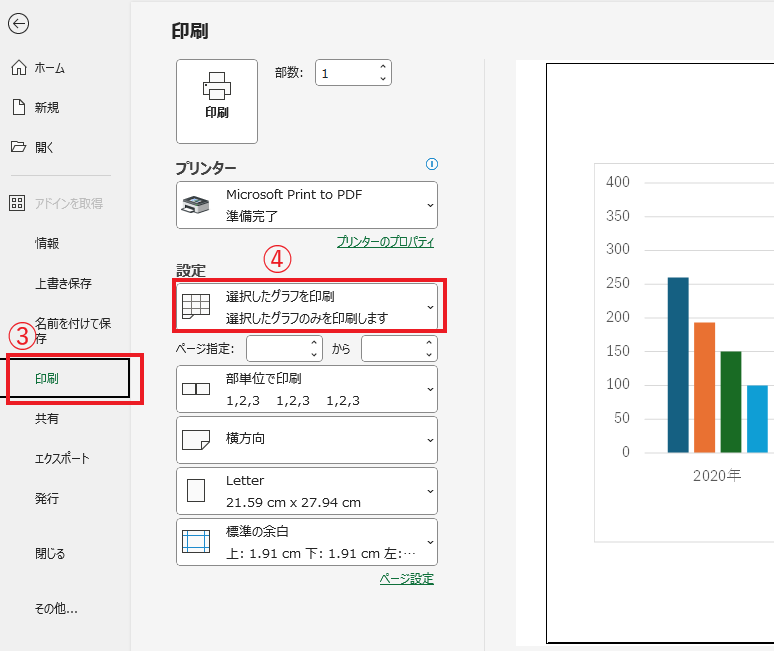 「印刷」をクリックし、「選択したグラフを印刷」になっていることを確認する