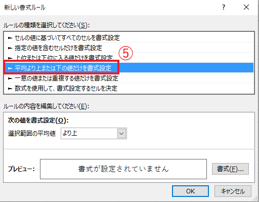 「平均より上または下の値だけを書式設定」をクリックする