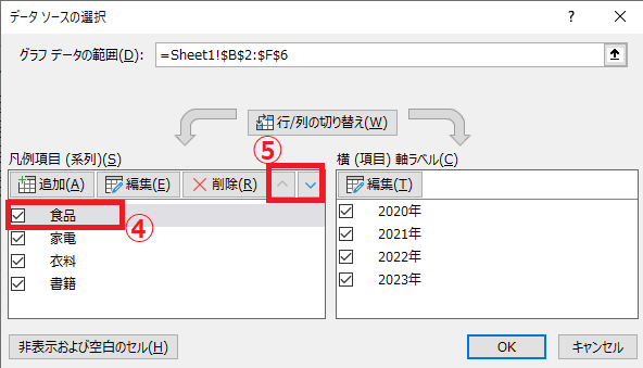 項目を選択し、「上へ移動」ボタンまたは「下へ移動」ボタンをクリックし順序を入れ替える