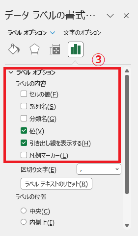 「ラベルの内容」のチェックボックスで表示項目を変更することができる