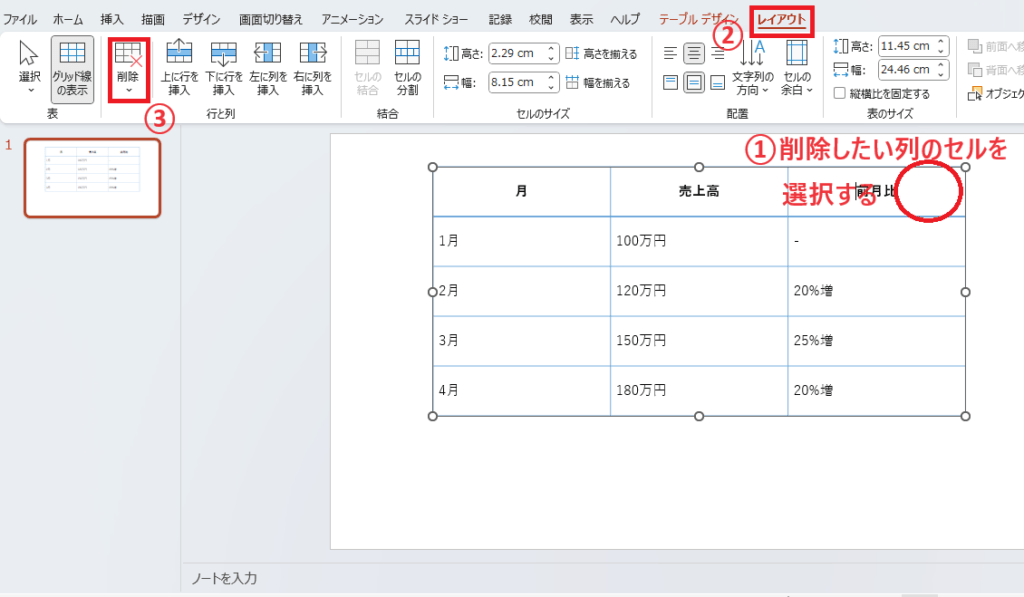 削除したい列を選択し、「レイアウト」タブの「削除」をクリックする