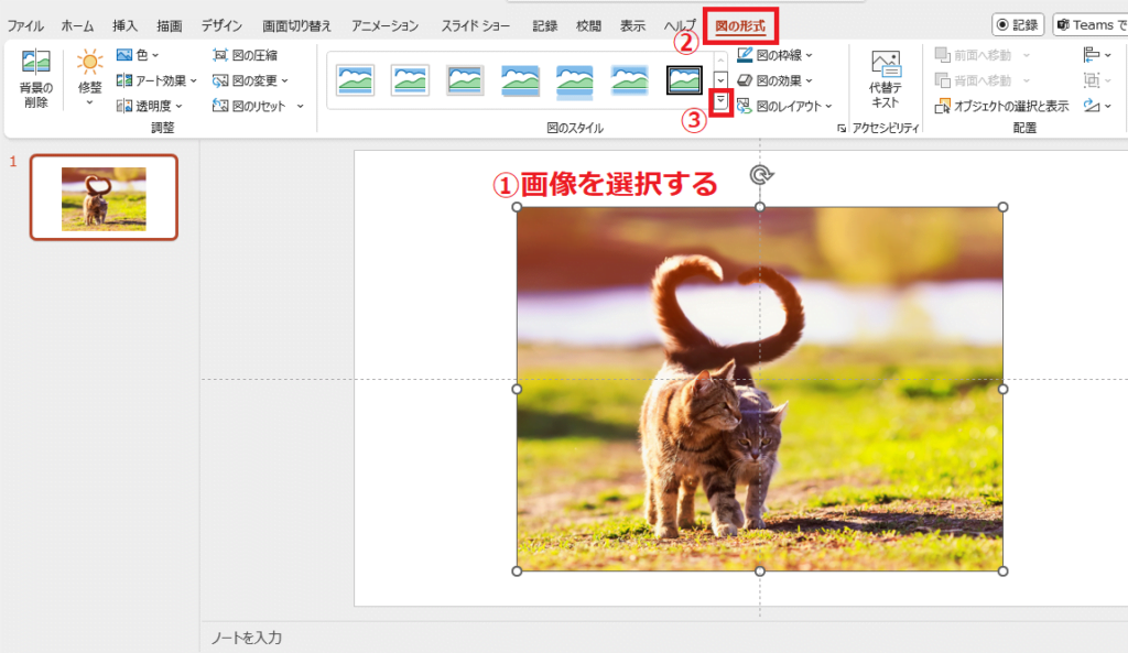 スタイルを適用したい画像を選択し、「図の形式」タブの「クイックスタイル」をクリックする