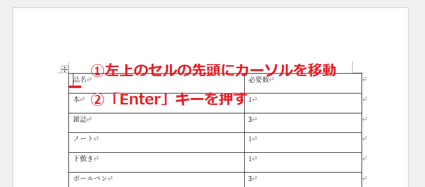 左上のセルの先頭にカーソルを移動し、Enterキーを押す