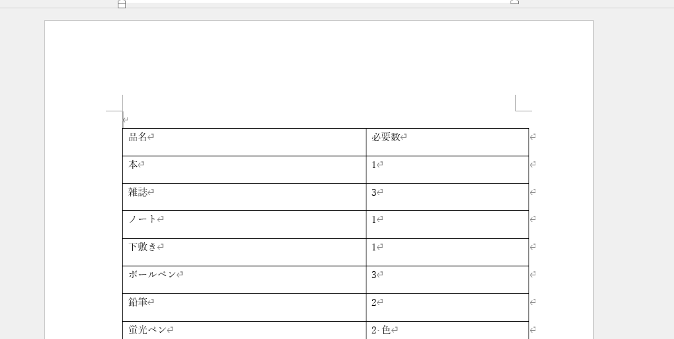 表の上に段落が挿入される