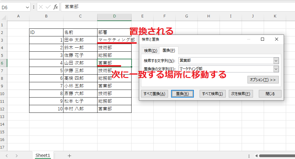 置換され、次に一致する場所に移動する