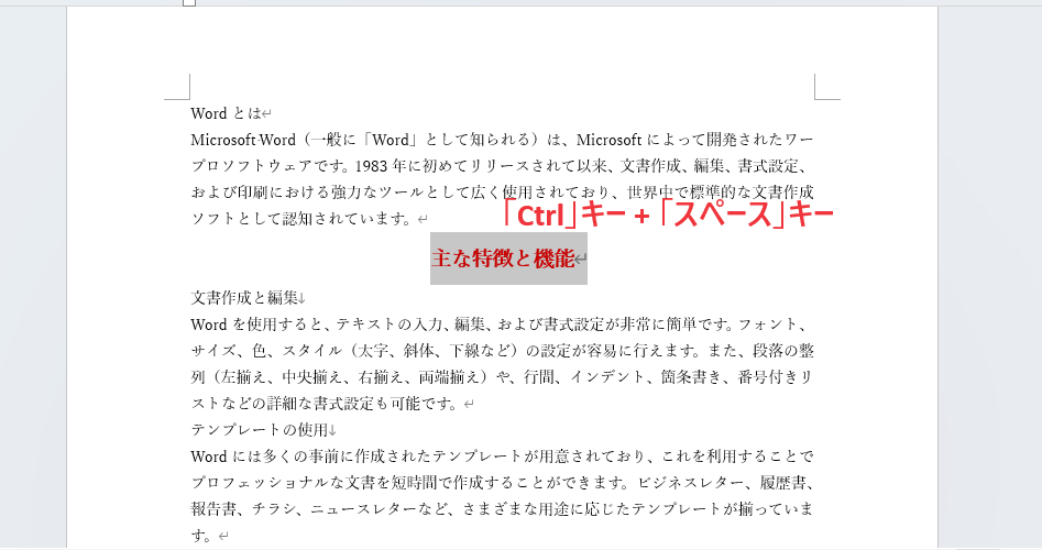 文字を選択し、「Ctrl」キー + 「スペース」キーを押す