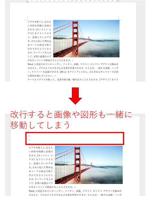 改行すると画像や図形も一緒に移動してしまう