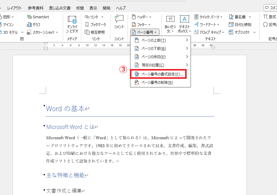 「ページ番号の書式設定」をクリックする