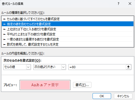 選択したルールの現在の設定が表示される