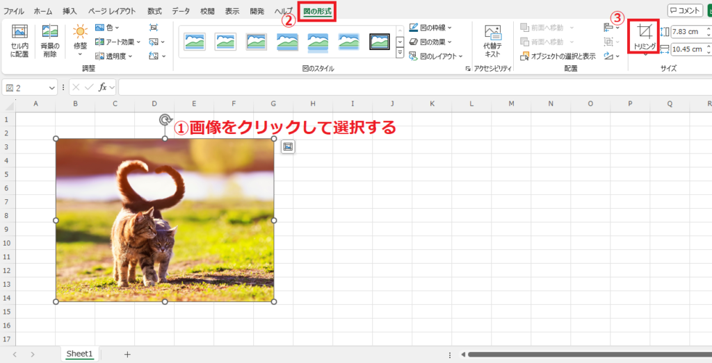 画像を選択し、「図の形式」タブの「トリミング」をクリックする