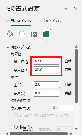 「最小値」と「最大値」に現在の値が表示されている