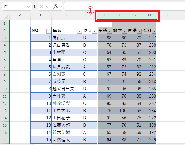 幅を揃えたい列をドラッグして選択する