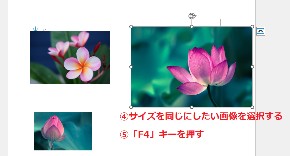 画像のサイズを同じしたい画像を選択し、「F4」キーを押す