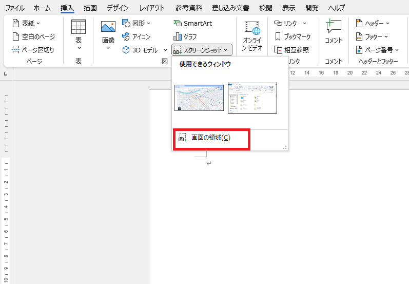 「画面の領域」をクリックする