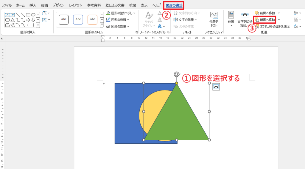 図形を選択し、「図形の書式」タブの「背面へ移動」をクリックする