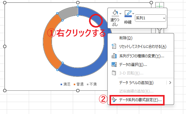 グラフの上で右クリックし、「データ系列の書式設定」を選択する
