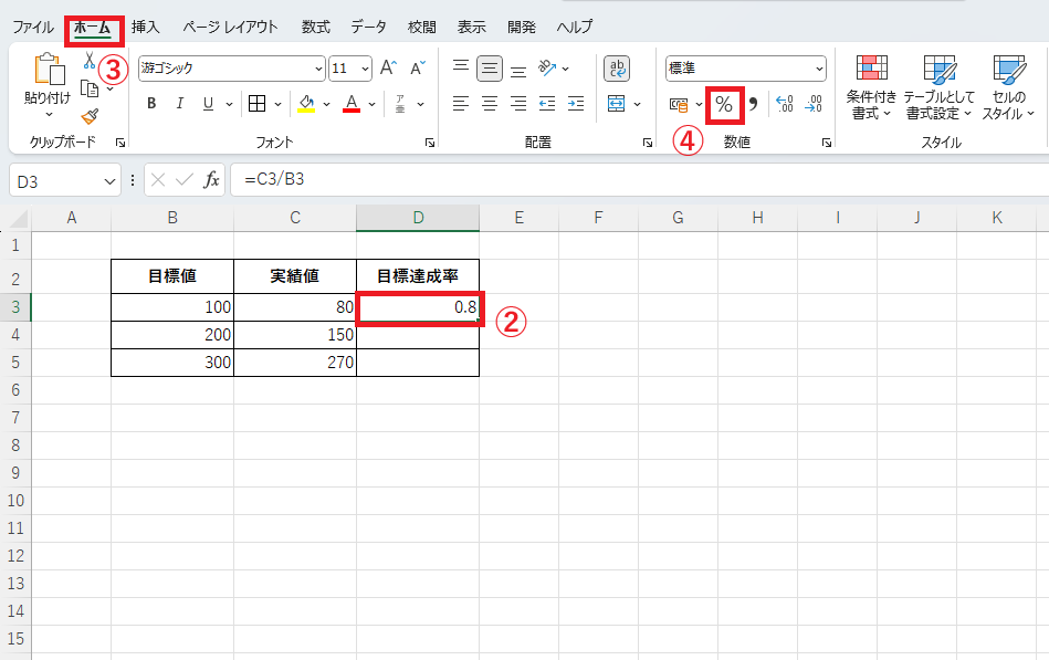 目標達成率のセルを選択し、「ホーム」タブの「パーセントスタイル」をクリックする