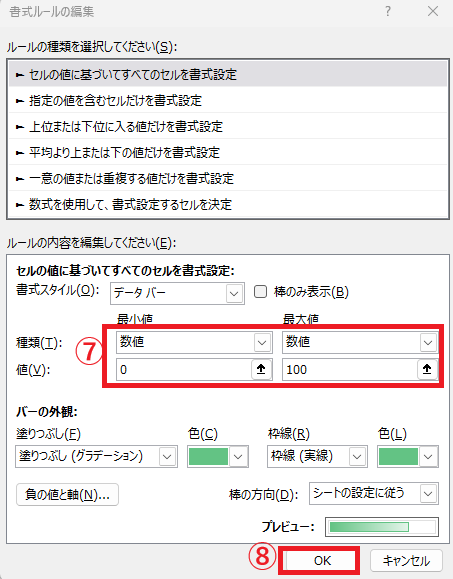 「最小値」と「最大値」を「数値」に設定し、それぞれの値を入力する