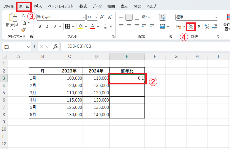 「ホーム」タブから「パーセントスタイル」をクリックする