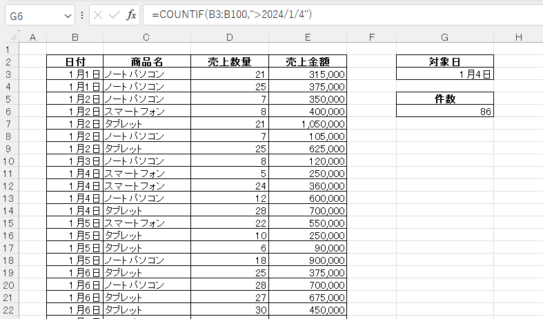 =COUNTIF(B3:B100,">2024/1/4")
