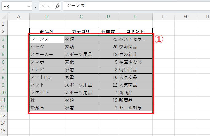 条件付き書式を適用したいデータ範囲を選択する