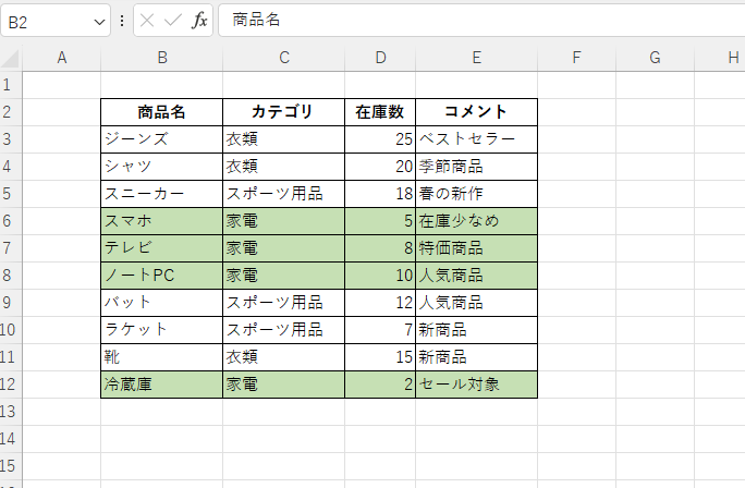 条件に一致する行全体に色を付けることができる