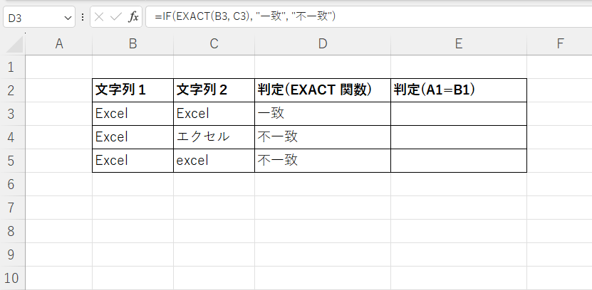 =IF(EXACT(B3, C3), "一致", "不一致")