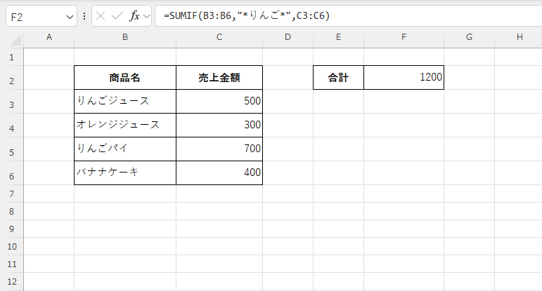 条件に一致するデータの合計が表示される
