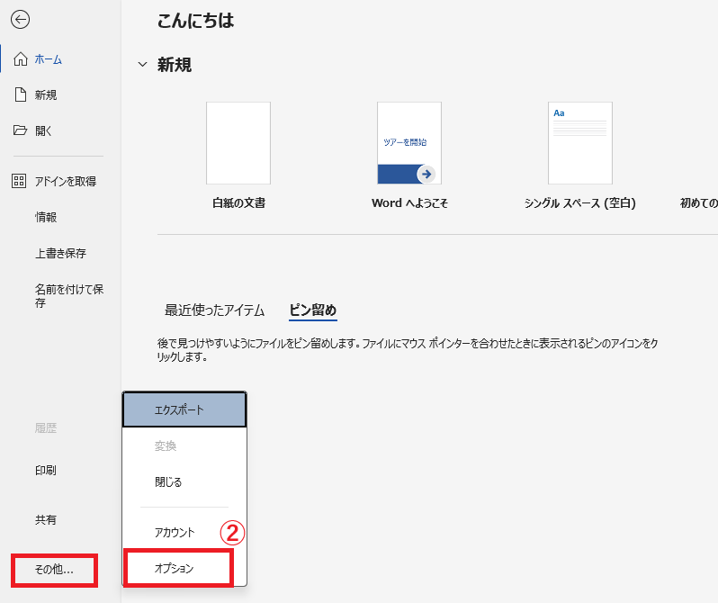 「その他」の「オプション」をクリックする